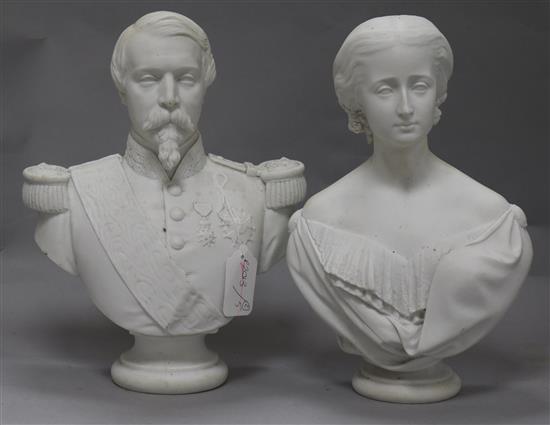 A pair of Gille Jeune biscuit porcelain busts of Empress Eugenie and Louis Napoleon, c.1865